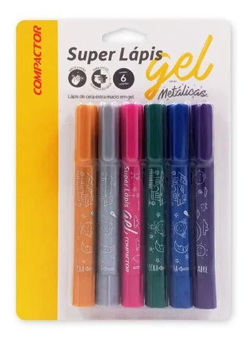 Lápis De Cera Compactor Super Lápis Gel 6 Cores Metálicas - Ladies Creative