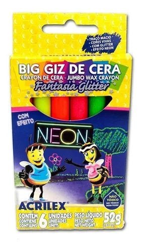 Lápis De Cera Gizao Big Giz Neon Fantasia Gliter 52g 6 Cores - Ladies Creative